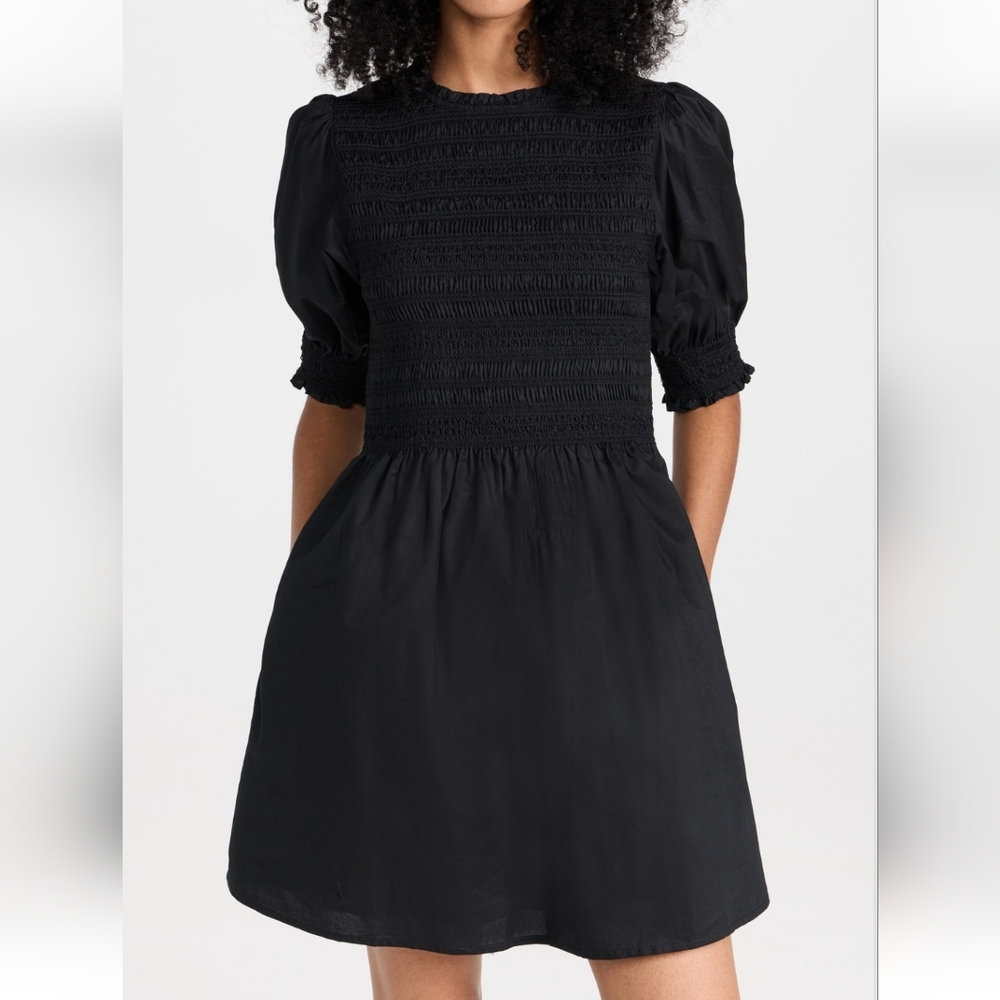 Hill House Vivi Nap Dress XXS Black Cotton Smocked Short Sleeve Mini Pockets